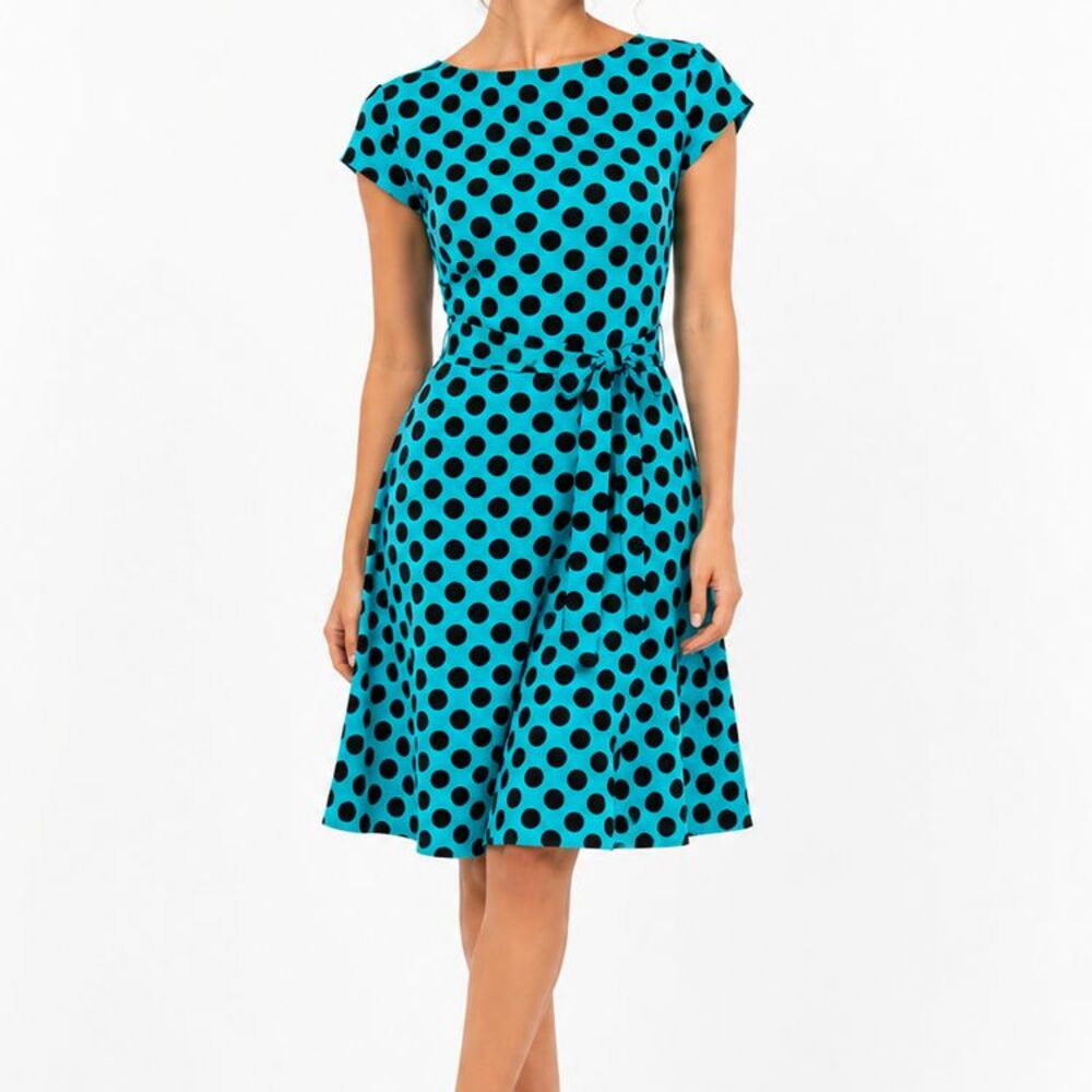 ZAPAKA Turquoise Black Polka Dot Fit & Flare Dress 2XL Retro Rockabilly Belted